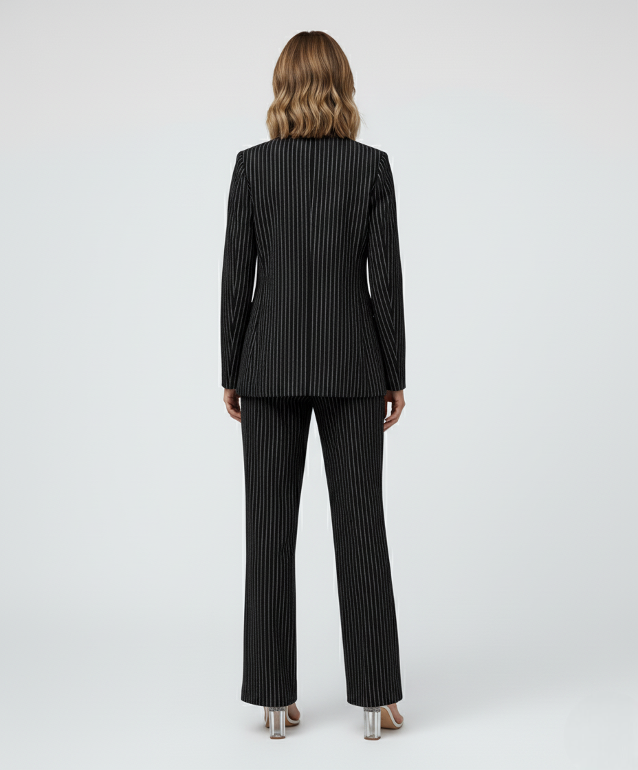 Elegant striped women's suit - chic and comfortableElegancki Damski Garnitur w Paski | Marynarka i Spodnie z Komfortowym Krojem