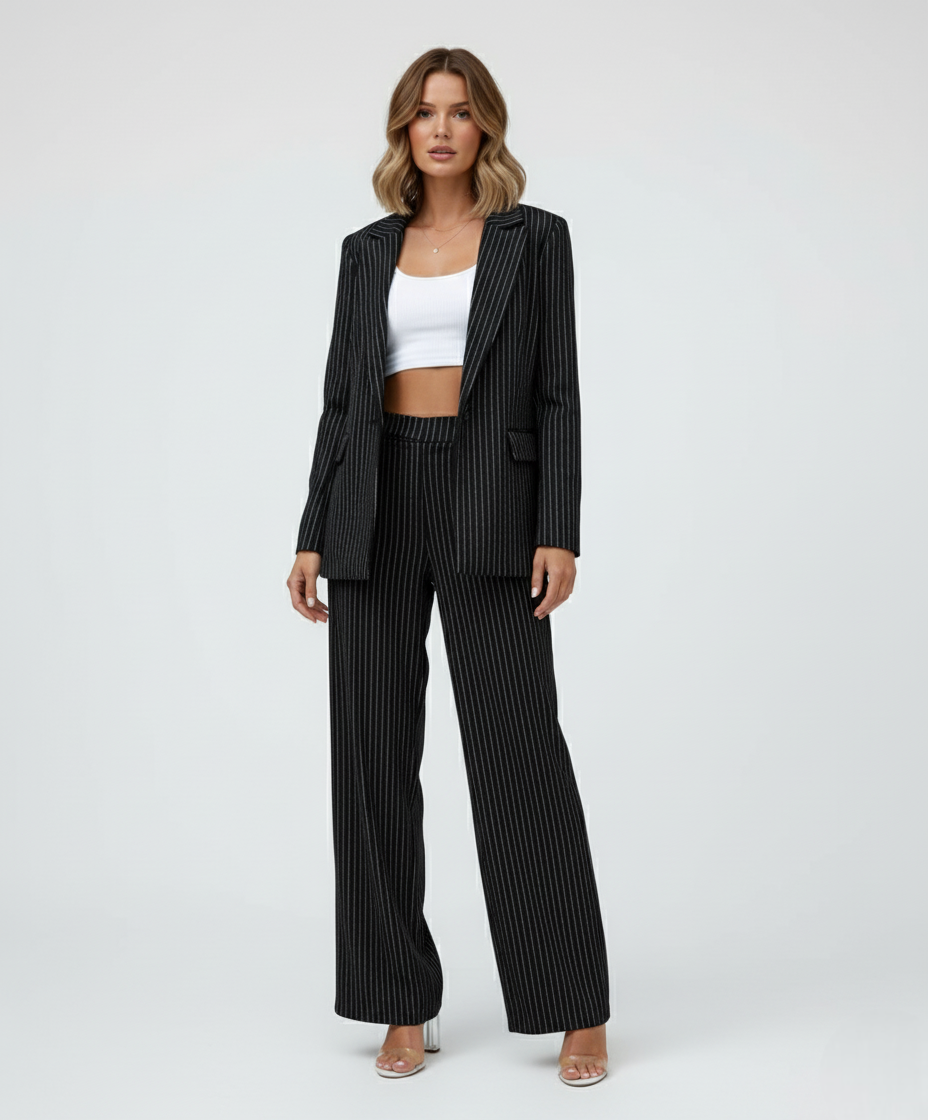 Elegant striped women's suit - chic and comfortableElegancki Damski Garnitur w Paski | Marynarka i Spodnie z Komfortowym Krojem